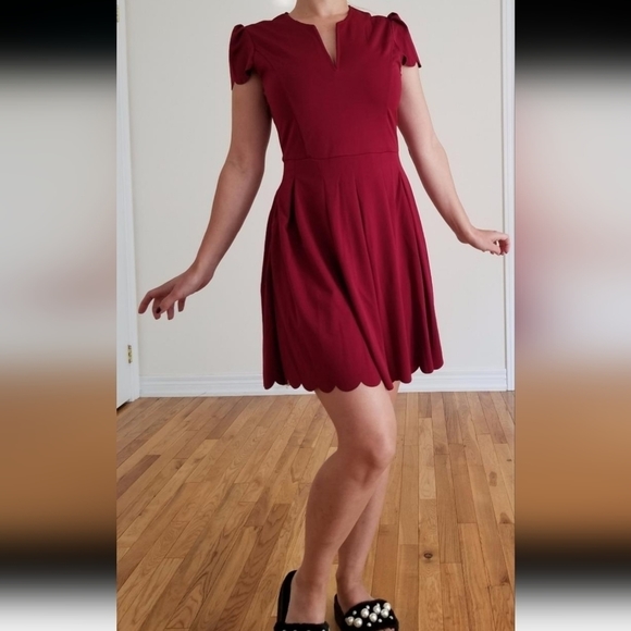 Burghundy V-NECK Skater Dress M - Picture 4 of 14